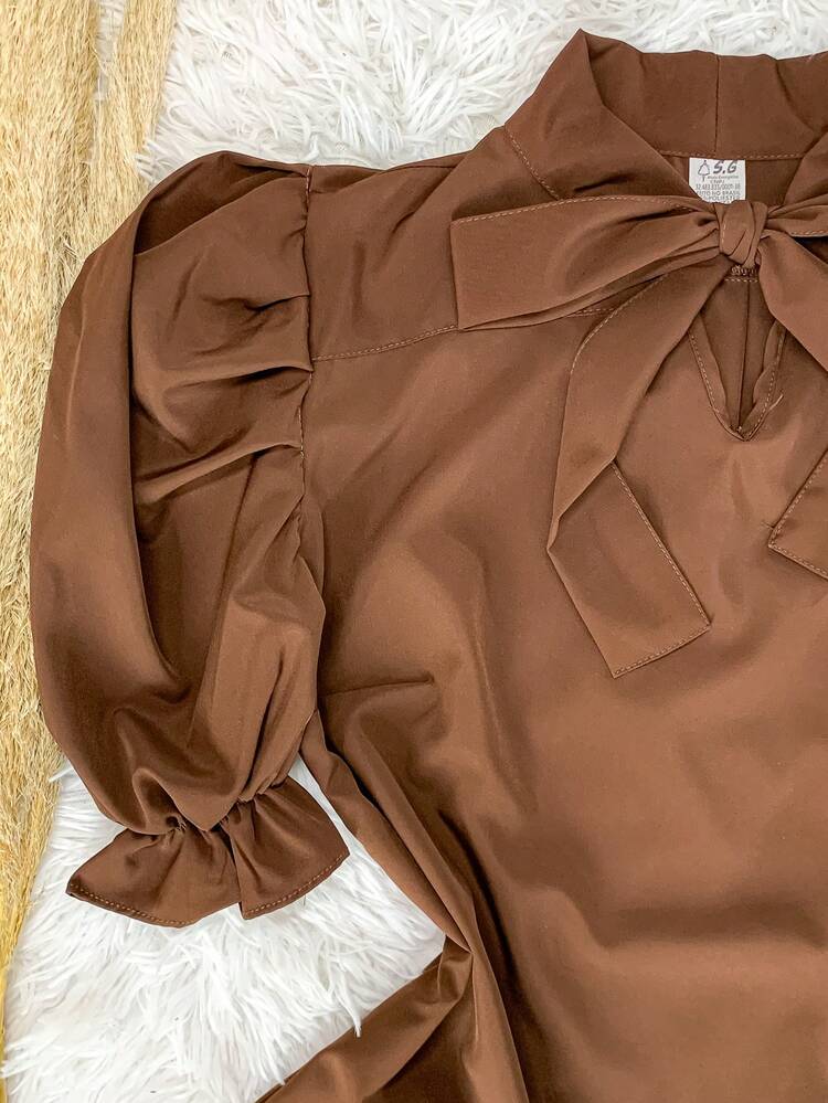 Blusa Feminina Manga bufante Com Laço MODA EVANGÉLICA N-10 - marrom - Visão 4