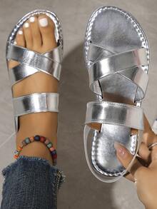 Women's Solid Color Flat Sandals, Casual Elastic Band Summer Shoes, Slip-On Beach Shoes - Silver - View 6
