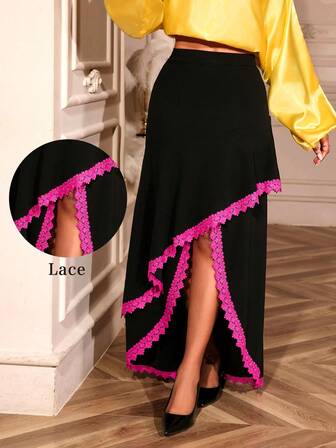 AOMEI Women's Patchwork Lace Ruffle High Low Skirt Irregular Hem Flowy A Line High Waisted Long Skirts For Date,Party,Wedding,Bridesmaid,Graduation,Wedding Guest Fall Women