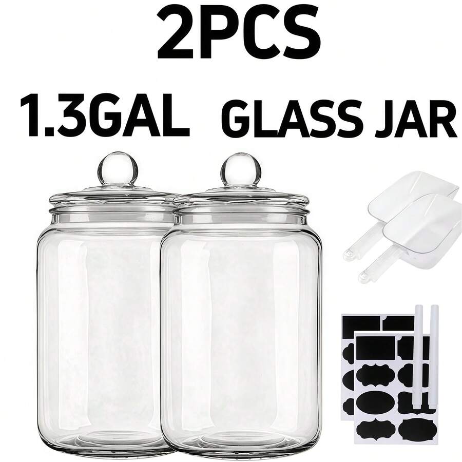 2 Pcs 1.3 Gallon Glass Jars With Lids - Airtight Food Storage Containers, Perfect For Coffee, Snacks, And More - Ideal Gift For Homemakers & Organizers, Includes 2 Scoops, 2 Erasable Pen, And 2 Stickers, Kitchen Essentials|Round Glass Jars|Reusable Glass, Glass Food Storage - 2件5公升玻璃罐 - 查看 1