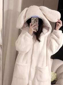 女士舒适抓绒连帽睡袍 - 可爱兔子图案，长袖，纽扣前襟，带口袋，可机洗 - 秋冬季完美之选