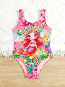 Young Girl' Cartoon Mermaid Print Strap One-Piece Swimsuit - Hot Pink - View 2
