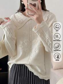 Spring New Vintage Embroidered Floral Knit Sweater, Sweet Oversized Lapel Design, Versatile Gentle Long-Sleeve Top, Elegant And Youthful Korean-Style Women's Fashion