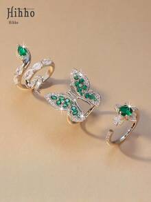 Hihho 1枚时尚立方氧化锆绿色方形可调节戒指，蛇形、蝴蝶、树叶、行星设计，优雅女士日常佩戴，节日礼物