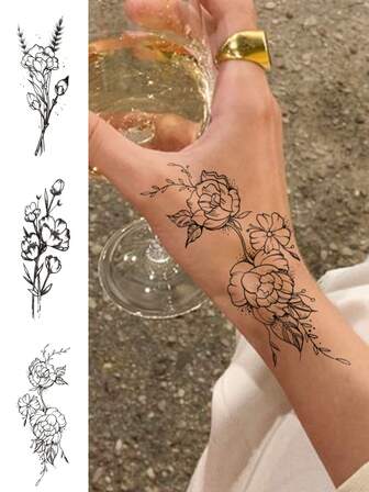 3张女士临时纹身贴纸，采用时尚花卉和牡丹图案设计。防水，可维持2-5天。可用于手部、手臂、颈部、肩部、胸部、腿部和脚踝。适合节日、派对、婚礼和音乐节等场合。易于使用和去除。