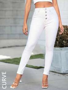 Celana Jeans Kasual Skinny Berpotongan Sobek dengan Kancing Depan untuk Wanita Ukuran Plus, Cocok untuk Kencan dan Jalan-jalan - Putih - View 4