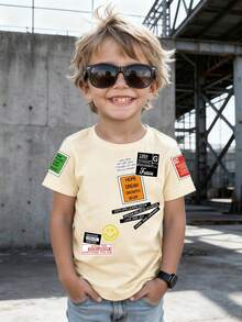 Áo thun ngắn tay cổ tròn in khẩu hiệu dành cho bé trai, kiểu dáng thường ngày, đa năng. - Màu be - Xem 7