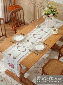 Polyester Linen Natural Table Runner, Pink Rose Cross-Stitch Embroidery, Double-Sided Wavy Hollow Crochet Lace Edge, Vintage Botanical Style Dining Table Coffee Table Tablecloth, Wedding Farmhouse Home Kitchen Decor - Multicolor - View 3