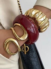 1件/3件/套 几何夸张镂空大水滴金属开口手镯，奢华，适合婚礼、派对、度假、日常休闲、街拍、假日派对、女士、情侣、节日、生日等场合，百搭熔岩不对称条纹手镯礼品 - 手鐲 - 查看 2