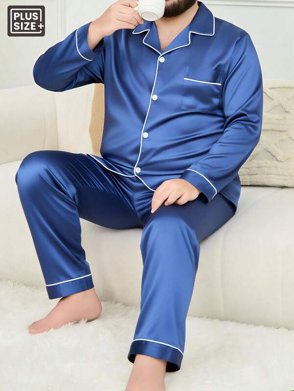 Men's Silk Satin Long Sleeve Shirt & Pants Loungewear Set, All Season, Winter Clothes