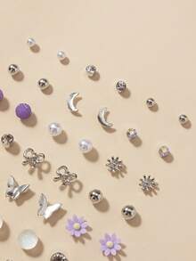 30 Pairs Elegant Butterfly & Snowflake Faux Pearl Metal Rhinestone Stud Earrings Set, Fashionable For Daily Casual Wear, Holiday Gift - Multicolor - View 5