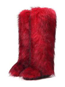 Women's Winter Furry Snow Boots For Women Fluffy Round Toe Suede Booties Flat Heel Slip On Outdoor Indoor Shoes Fashion Warm Fluffy Christmas Shoes - 過膝紅色 - 查看 2