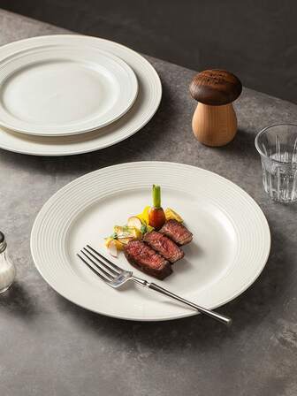 2pcs 8.5 Inch Large Textured Ceramic Dinner Plates, Pure White Ceramic Plate Set, Round Ceramic Serving Platters For Home, Restaurant, Salad Plate, Steak Plate, Dessert Plate, Pasta Plate, Oven & Microwave