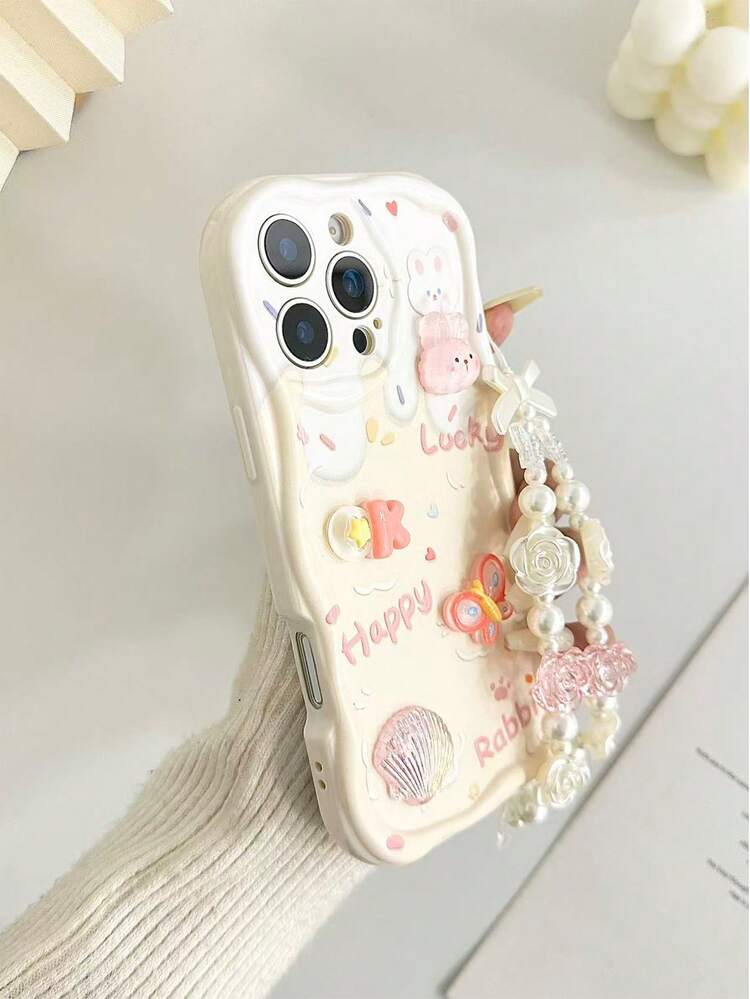 Pink Bunny Element Novelty Cases 3D Rabbit Flower Bead Chain
