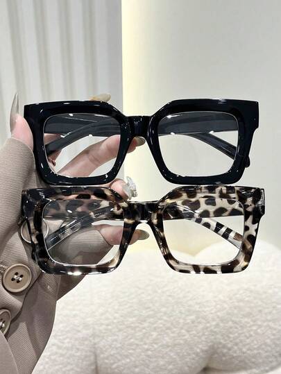 1/2 piezas Gafas de mujer de plástico con marco cuadrado de borde ancho con estampado de guepardo, lentes planos a juego, estilo elegante de chica caliente para fotografía callejera, conducir, vida diaria, regalo de vacaciones, accesorios de moda esenciales para volver a la escuela, gafas futuristas