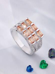 1pc Vintage Geometric Design Wide Band Ring, Inlaid Sparkling Square Cubic Zirconia Jewelry Ring, Elegant Accessory For Women, Fashionable Everyday Wear - K74 - View 21