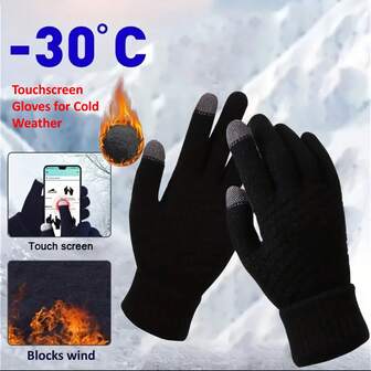 1 Pair Winter Touchscreen Gloves – Unisex Elastic Knitted Full-Finger Design, Thickened For Outdoor Use, Ideal For Skiing, Hiking, Camping, Travel & Daily Wear