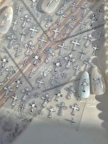 1片5D金属美甲贴纸，中国风美甲贴纸，复古十字架自粘美甲贴纸，DIY美甲装饰贴纸配件，美甲用品，美甲贴纸 - 銀色 - 查看 4