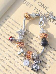 1pc Back-To-School Leopard Print Teddy Bear Charm Bracelet, Streetwear Star Bracelet, Graduation Cap Bracelet, Renaissance Style Teddy Bear Bracelet, Dark Skeleton Charm Bracelet - Gold - View 7