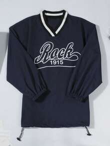 Áo len chui đầu dáng rộng màu trơn thời trang mùa xuân, áo thun nữ cổ chữ V dây rút in chữ phong cách Y2K. - Màu xanh hải quân - Xem 2