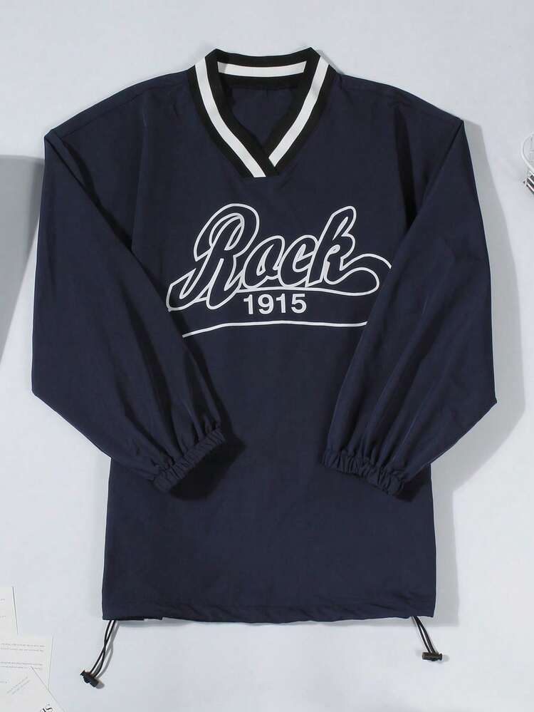 Spring Fashion Solid Color Streetwear Loose Pullover, Casual Women's Letter Print Drawstring V-Neck Y2K Style Top - Navy Blue - View 4