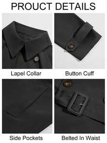 Runcati Mens Trench Coat Double Breasted Belted Windbreaker Jackets Lapel Lightweight Long Jacket Casual Overcoat - 黑色 - 查看 5