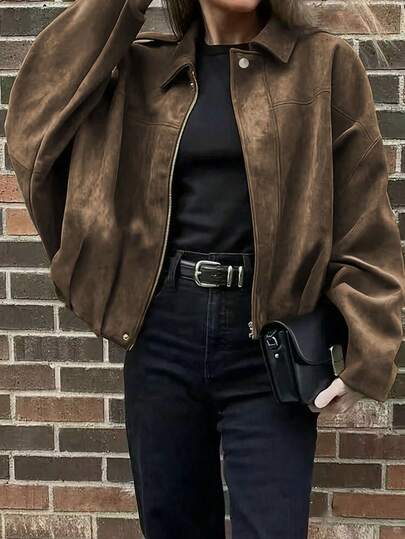 Plus Size Women's Brown Faux Suede Jacket, Drop Shoulder Long Sleeve, Zipper Detail, Plus Size Drop Shoulder Jacket With Silver Buttons, Pleated Hem, Soft Fabric, Casual Loose Fit Spring Autumn Lightweight Jacket