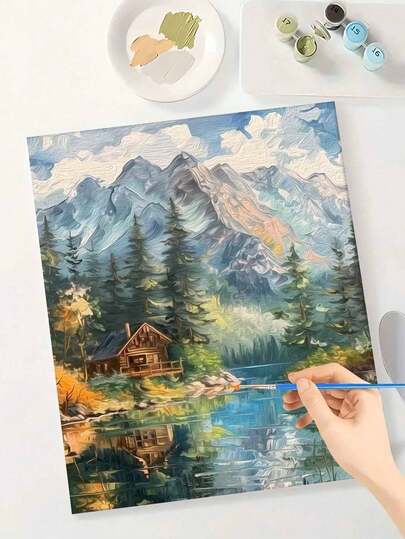 Mountain Cabin Landscape DIY Paint By Numbers Kit For Adults - Frameless Canvas Painting Set 15.75x19.69inch, Personalized Artwork For Home Decor