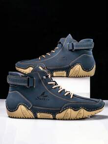 Salkin New Handmade Men's Boots With Elastic Band, Convenient Slip-On Design, Designer Sports Shoes, Men's Outdoor Casual Shoes, Affordable Brand Feel, Daily Commute Versatile Flat Shoes, Non-Slip Durable Leather Shoes, Men's Driving Ankle Boots, Holiday Gift, Soft Comfortable Breathable Spring/Autumn, Plus Size Men's Shoes, Please Order One Size Up - Navy Blue - View 3