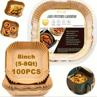 100 Pcs Air Fryer Paper, Disposable Air Fryer Mats, Non-Stick Disposable Air Fryer Mats, 8 Inch Baking Paper, Suitable For 5-8QT Air Fryer, Microwave Baking, Air Fryer Paper, Rectangular Air Fryer Liners, Mini Air Fryer Liners, Rectangular Air Fryer Liners, Air Fryer Baking Paper, Microwave Cooking Liners, Neutral Kitchen Liners, Simple Rectangular Design