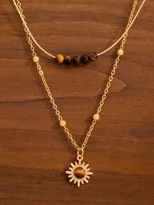 Vintage Gold Sunflower & Tiger Eye Necklace, Layered Necklace Design, Suitable For Sweater, Autumn/Winter Clavicle Chain Accessory - Multicolor - View 2