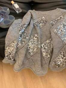 EAVA 女士复古高端慵懒风亮片镂空针织套头毛衣，老钱风格，休闲宽松版型，亮片