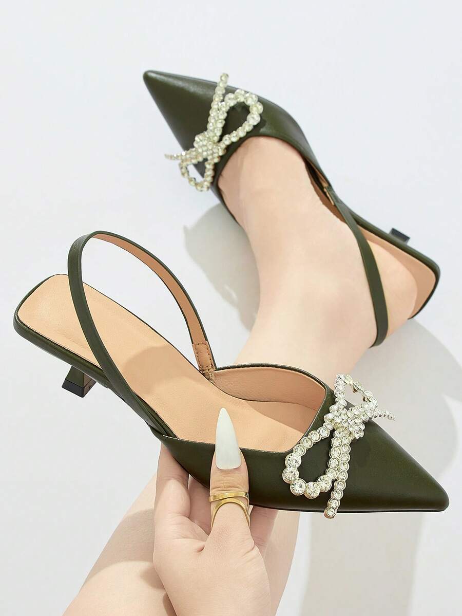 Giày cao gót hở mũi đính nơ đính đá cho nữ, kiểu dáng kitten heel thanh lịch và thoải mái, thích hợp cho các bữa tiệc trang trọng, đám cưới, dạ tiệc mùa thu/đông, màu xanh ô liu, trang phục dự tiệc