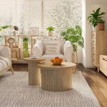 Coffee Table, Double Round Table, Side Table With Natural Wood Slats. Multifunctional Living Room Table. - Natural Walnut Wood Color - View 2