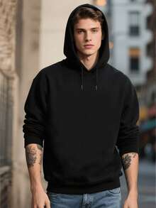 Sudadera con capucha de otoño e invierno para hombre, de manga larga, a la moda, informal, versátil, básica, informal - Negro - Ver 2