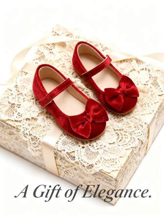 1 Pair Fashion Wine Red Children's Flat Shoes, Princess-Inspired, Velvet Bow & Hook And Loop Design, Suitable For Different Occasions Year-Round, Great Gift For Dancing