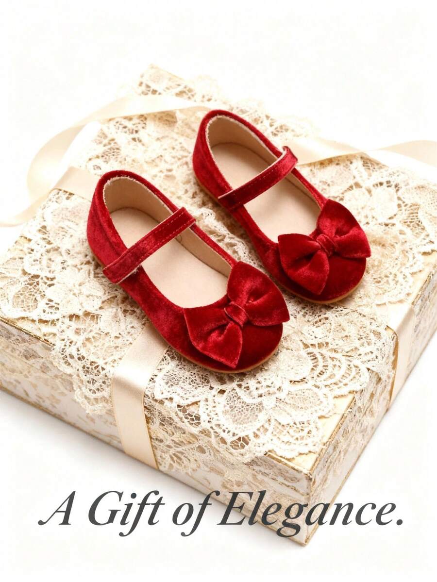 1 Pair Fashionable Burgundy Children's Flat Shoes, Velvet Bow Hook And Loop Design, Suitable For Different Occasions And All Seasons, Perfect For Gifts And Dancing - Burgundy - View 1