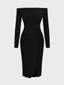 Elegant Formal Party Sequin Dress, Off Shoulder, Cinched Waist, Slit, Green Midi Dress - Black - View 2