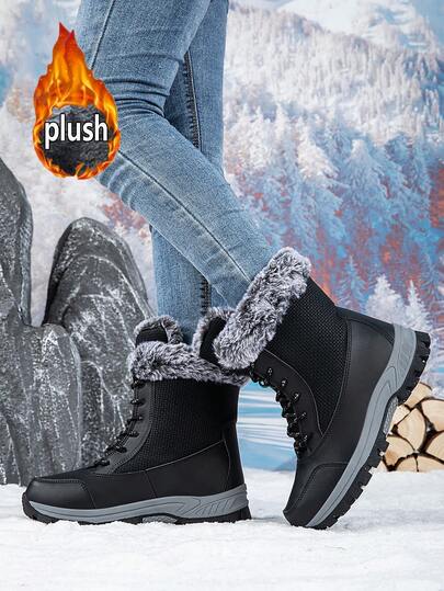 Women's Snow Boots, Fashionable Black Boots, Lightweight & Warm High-Top Snow Boots, Women's Boots Resistant To Cold, Outdoor Cotton Shoes For Below Zero, Front Lace-Up Faux Fur Collar High-Shaft Solid Color Cotton Boots, Plus Size