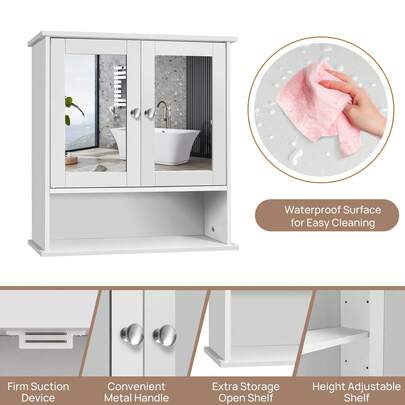  Rigogo White Wall Cabinet With Mirror & 2 Doors, 3-Tier Waterproof Storage Unit For Bathroom, 56x13x58cm Slim Design, Over-Toilet & Hallway Organiser Cupboard SMJG-RDE