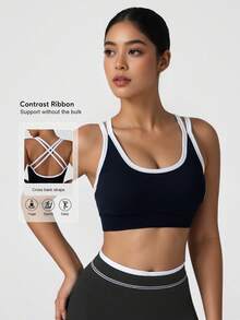 Sodalemon Women Elastic Cross Back Gym Bra Fitness Casual Outdoor Contrast Color Training Athletic Wear Running Yoga Top Seamless Round Neck Sport Bra - Black - View 1