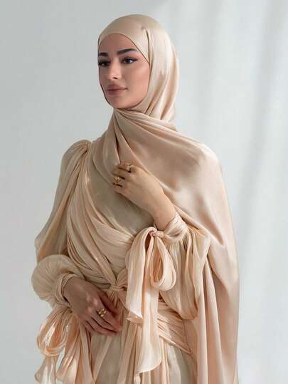 1pc Fashionable Women's Plain Crinkle Satin Hijab For Abaya