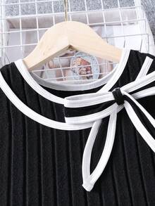 Girls Elegant Bow Collar Long Sleeve Dress, Suitable For Casual Daily Wear, Autumn - Black - View 4