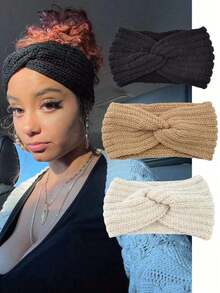 1/3pcs Set Thick Knitted Headband, Handmade Criss-Cross Yarn Headband Ear Warmer Headwrap, Fashionable Knitted Headband Hair Accessory, Suitable For Women And Girls Fashion Hair Band - Solid Color - View 25