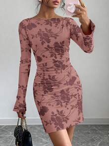 PRETTYGARDEN Women's Spring And Fall Fashion Floral Long Sleeve Mini Dress Mesh Bodycon Short Party Date Night Going Out Dresses Dhristmas New Years Valentine Vacation Dresses For Women - 暗粉 - 查看 1