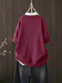Plus Size Casual Solid Color Round Neck Drop Shoulder Knit Sweater, Autumn/Winter - Burgundy - View 2