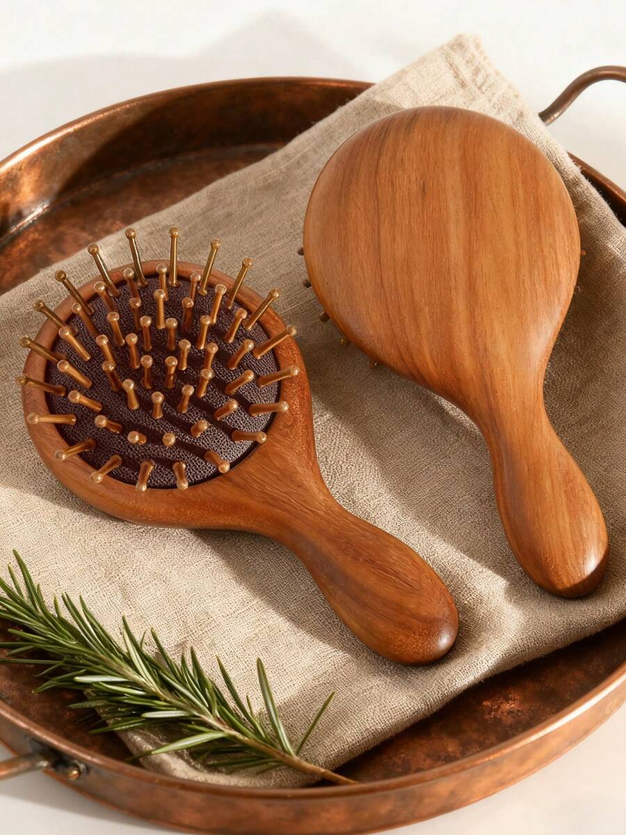 1pc Sandalwood Air Cushion Massage Hair Brush, Minimalist Natural Wood Color, Compact & Portable, Soft Air Cushion Design, Suitable For Women, Travel & Gift - Brown - View 1