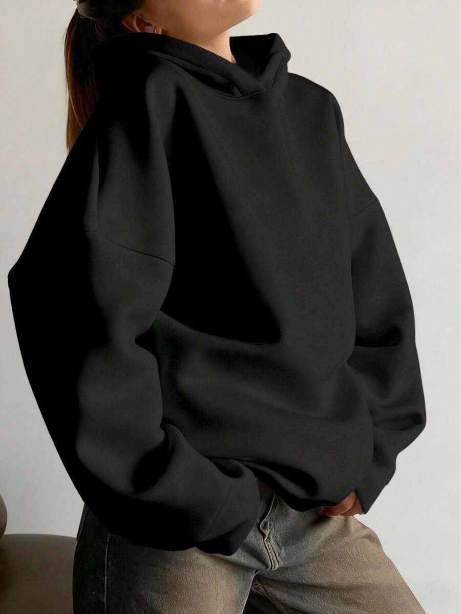 简约设计女士宽松长袖套头卫衣，适合秋季、冬季、春季穿着，也可作为万圣节服装、休闲外套，黑色，时尚女式卫衣 - 黑色 - 查看 1