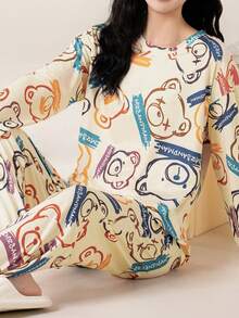 AICJ 2pcs/Set Women Cartoon Bear Print Casual Sleepwear Set, Long Sleeve Round Neck Top & Full Length Pants, Comfortable Loose Fit, Suitable For Spring, Autumn, Winter, Two Pieces Set, Fall Clothes - Multicolor - View 4