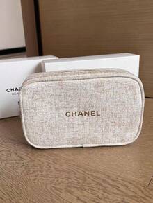 CHANEL 圣诞米色布艺化妆包，带金色刺绣标志，拉链旅行化妆包 - 白金 - 查看 7